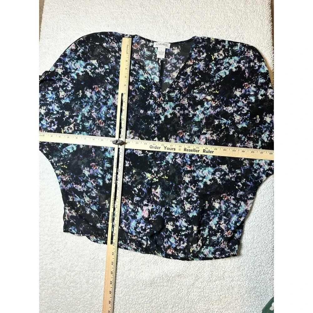 Carmen Marc Valvo Top Dolman Sleeves Sheer Multicolored Print Sz L - Picture 6 of 9
